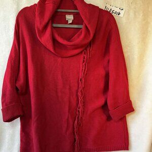 Vertical offcenter FringeRed Sweater, L,  Sorority, mildWinter, Cuffed 3/4 sleev